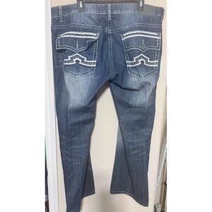 Antique Rivet Jeans Distressed‎ Denim Mens sz 38x30 white stitching RS20 bootcut